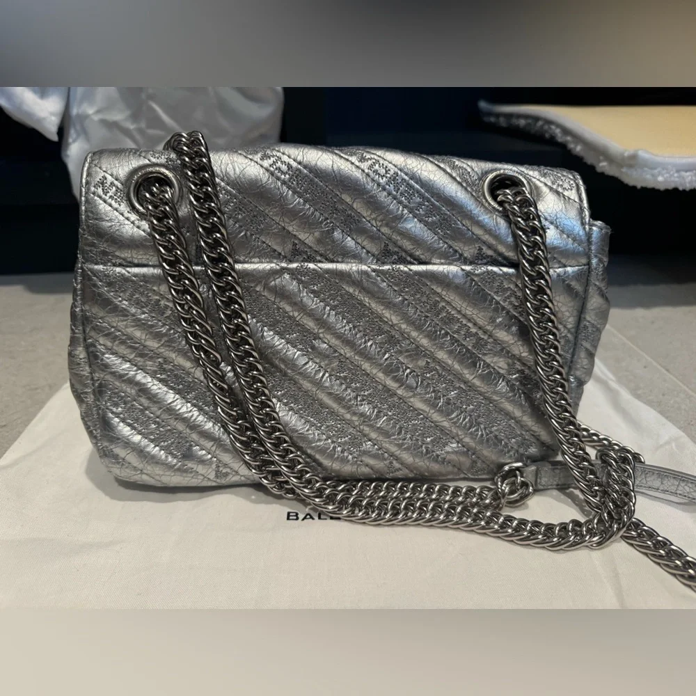 Balenciaga Silver Quilted BB Chain Crossbody Bag